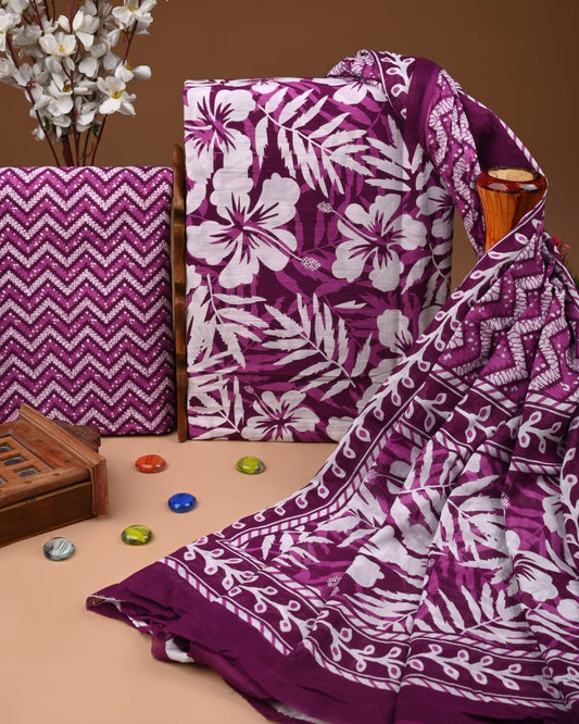 Designer Hand Block Printed Cotton Suit Set With Cotton Dupatta