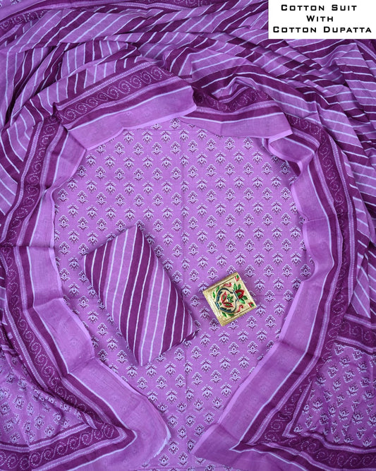 Designer Hand Block Printed Cotton Suit Set With Cotton Dupatta