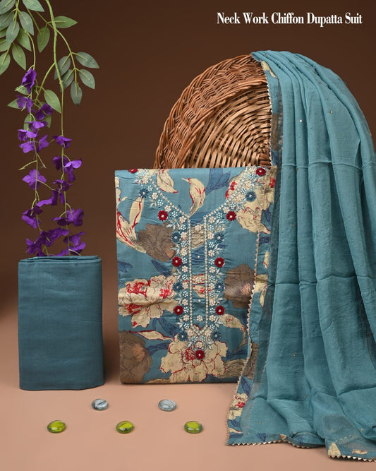 Premium Gota Patti Work Cotton Suit Set With Chiffon Dupatta