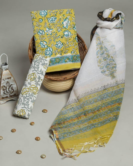 Pure Cotton Hand Block Printed Suit Set With Kota Doria Dupatta