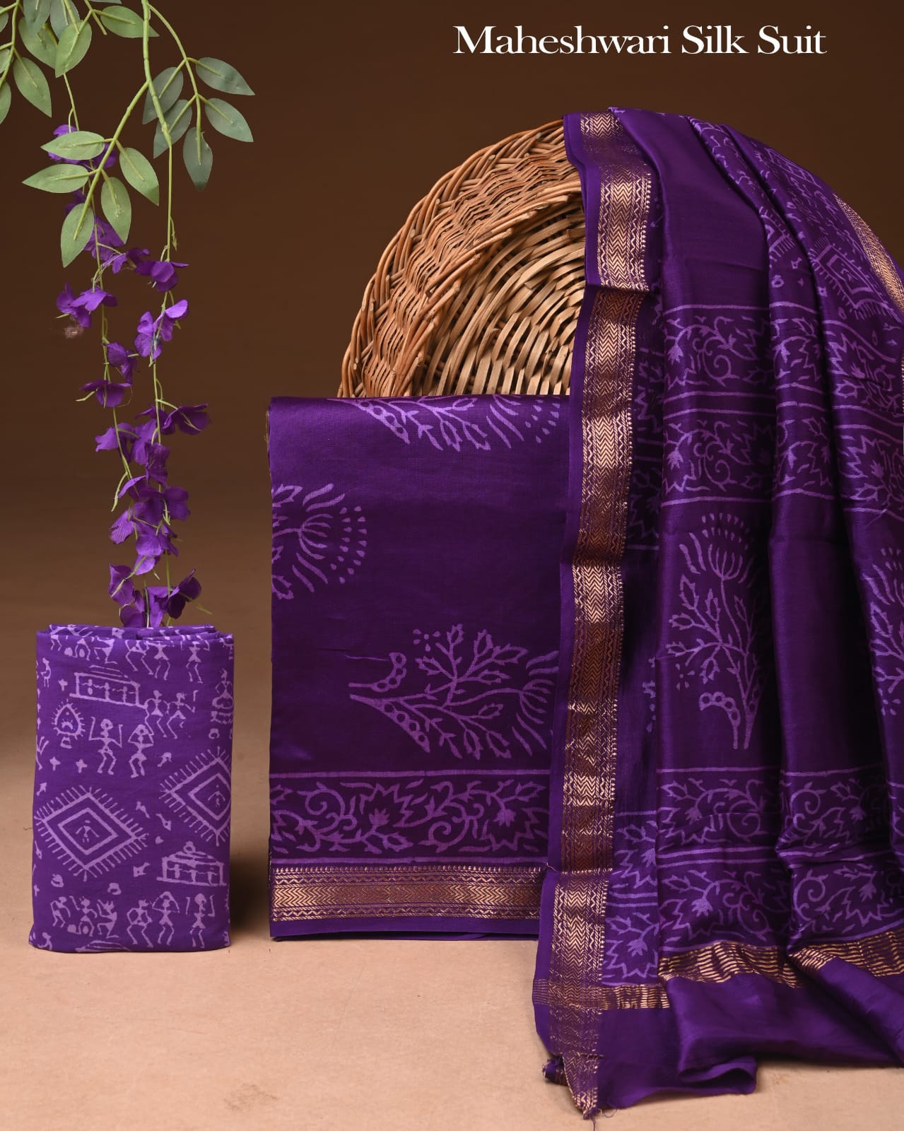 Premium Designer Handblock Printed Maheshwari Silk Suit Set