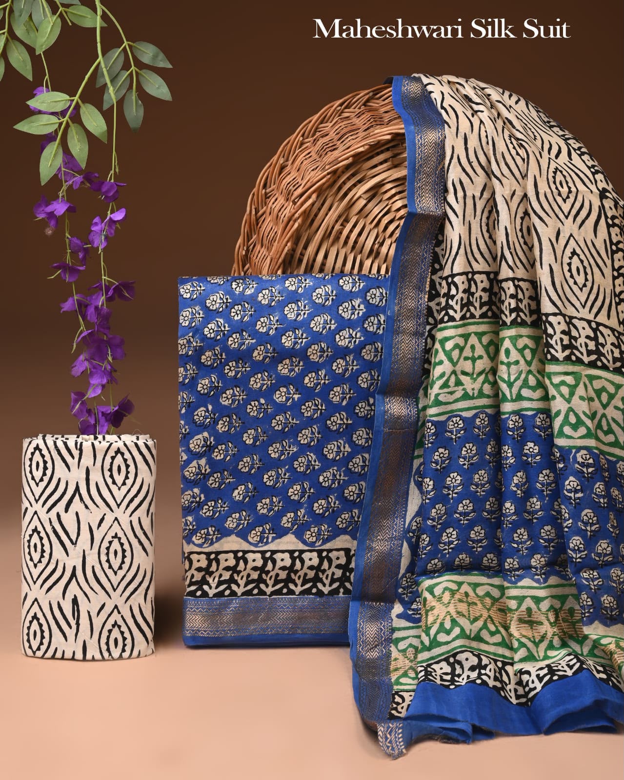 Premium Designer Handblock Printed Maheshwari Silk Suit Set