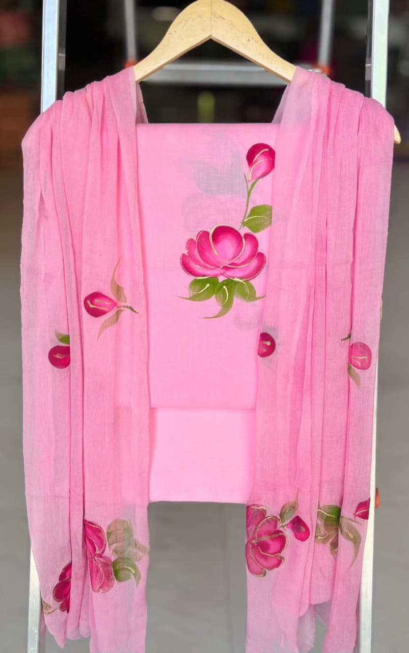Pure Cotton Hand Block Printed Suit Set With Chiffon Dupatta
