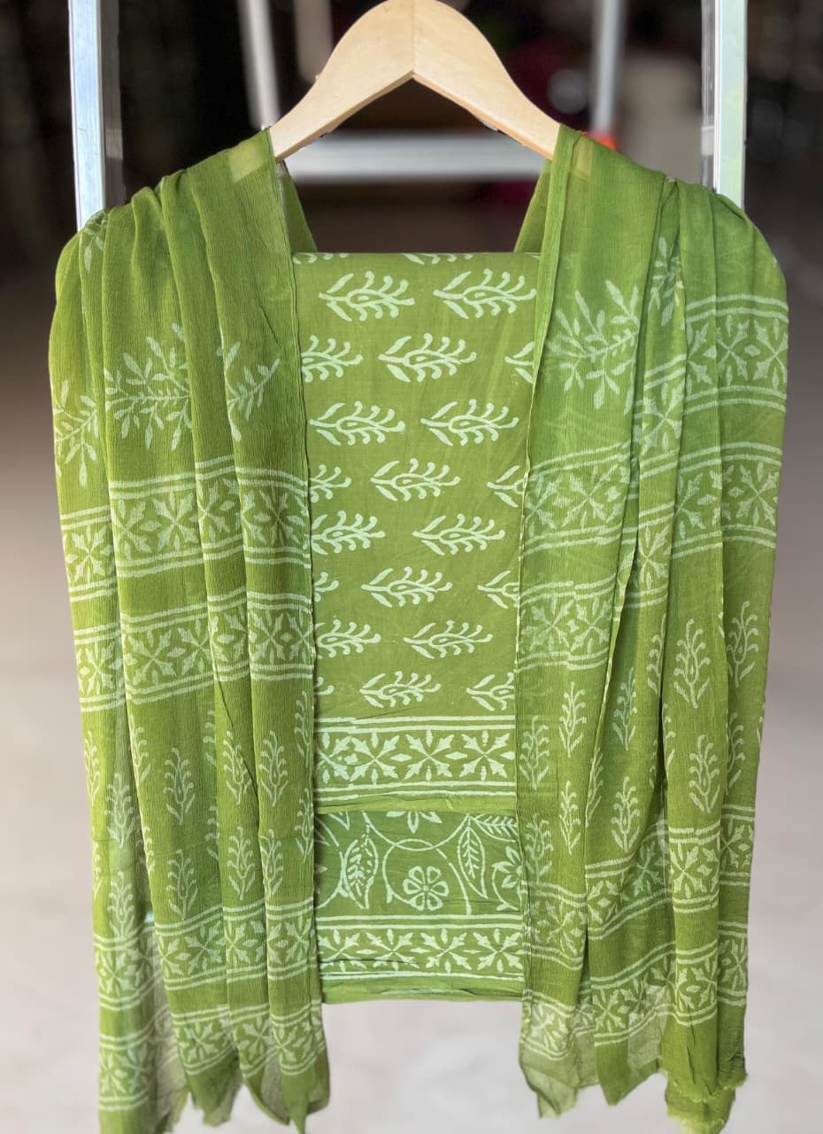 Pure Cotton Hand Block Printed Suit Set With Chiffon Dupatta