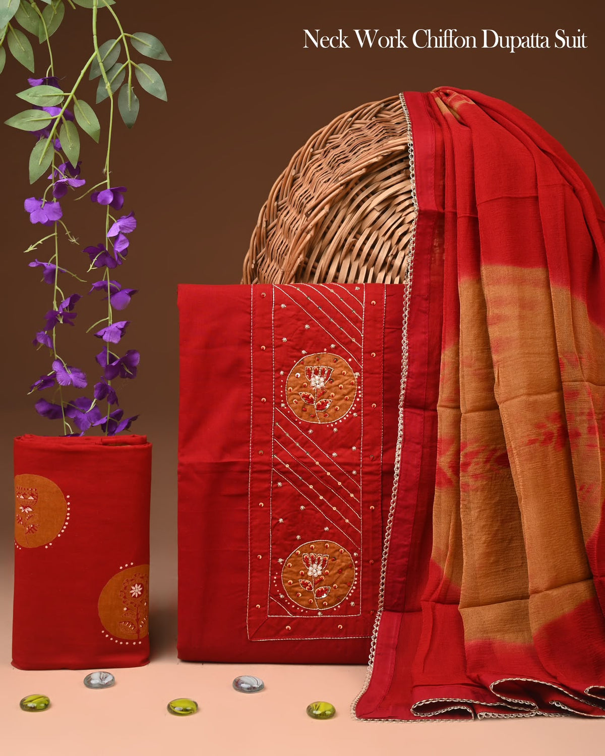 Premium Gota Patti Work Cotton Suit Set With Chiffon Dupatta