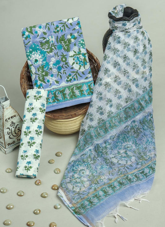 Pure Cotton Hand Block Printed Suit Set With Kota Doria Dupatta