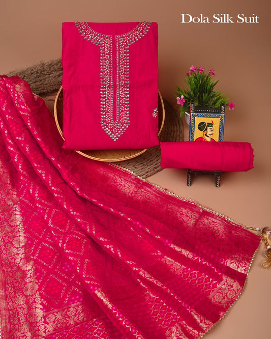 Premium Heavy Neck Work Dola Silk Suit Set