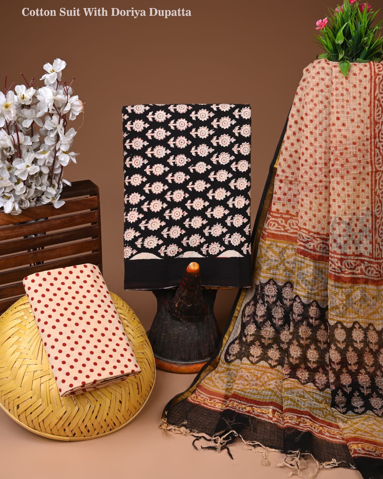 Pure Cotton Hand Block Printed Suit Set With Kota Doria Dupatta