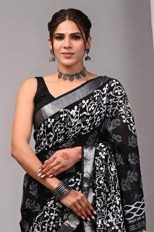 Pure Cotton Linen Handblock Printed Saree With Blouse