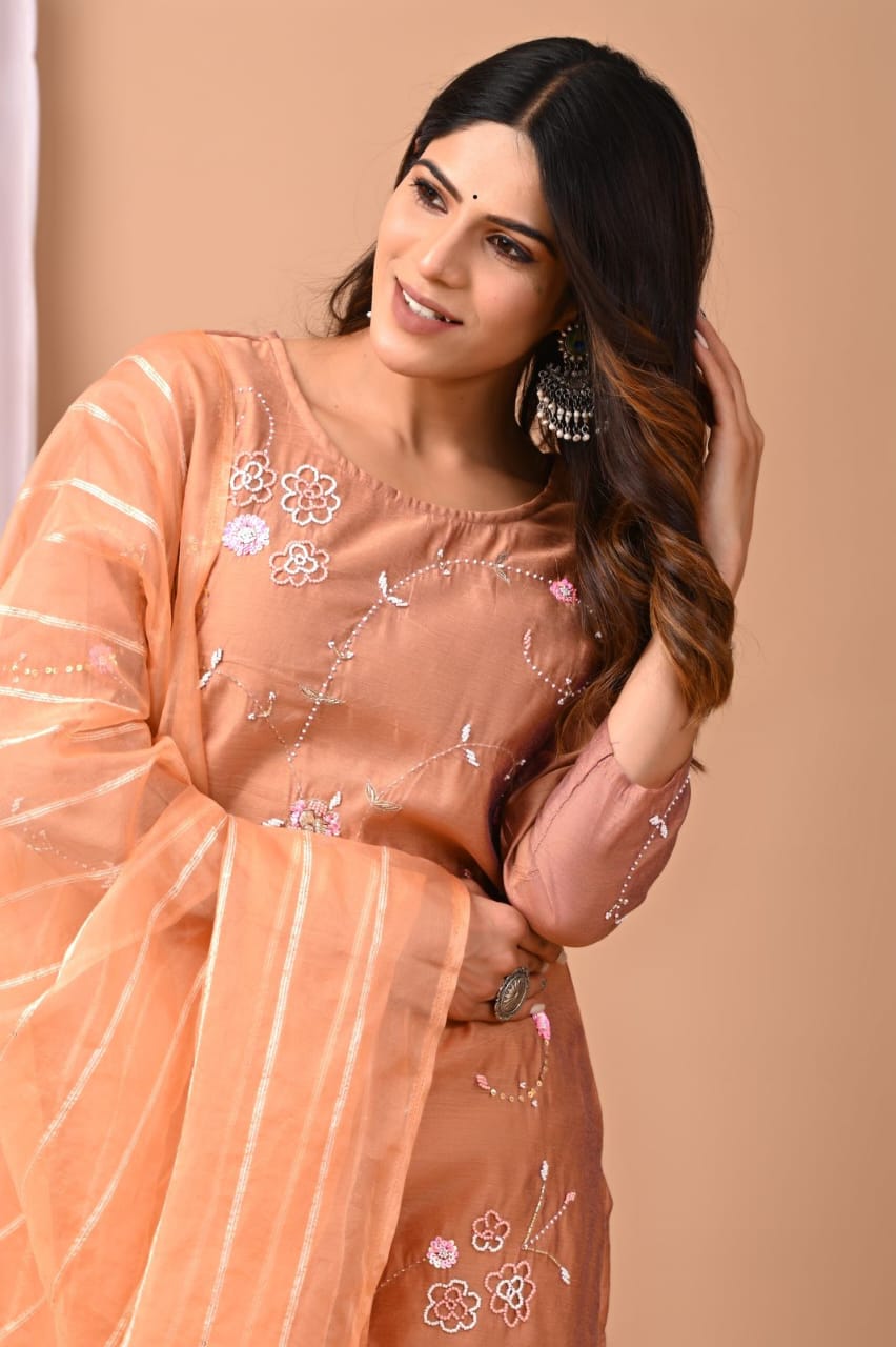 Elegant Coral Chanderi Silk Hand-Embroidered Suit Set with Dupatta