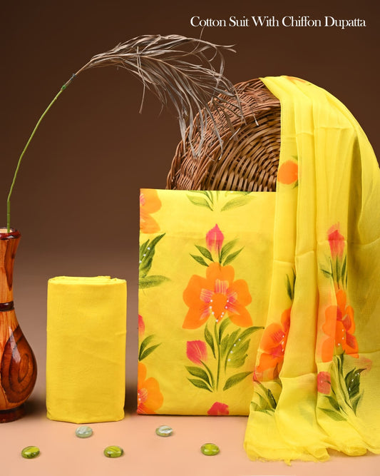 Pure Cotton Hand Block Printed Suit Set With Chiffon Dupatta