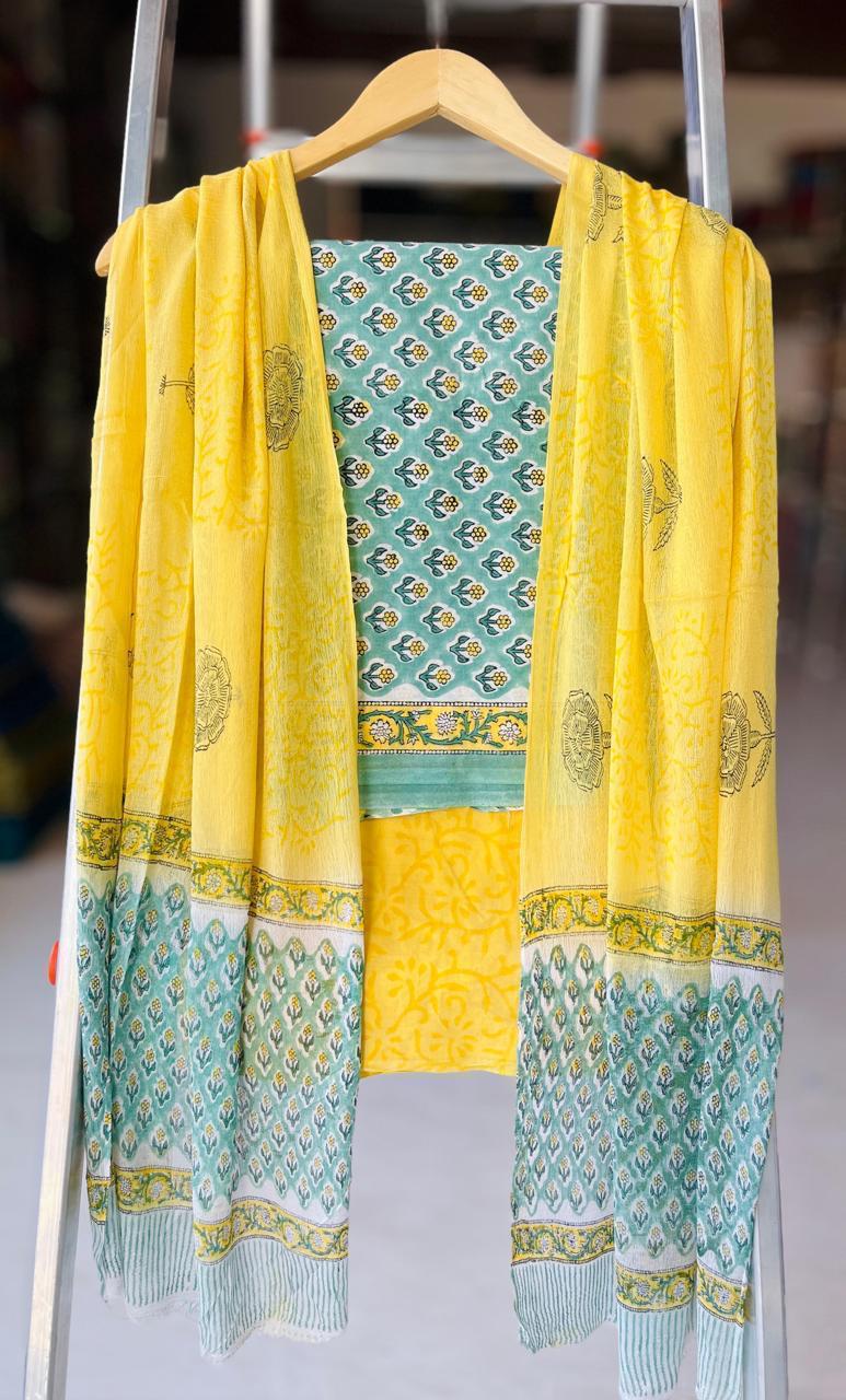 Pure Cotton Hand Block Printed Suit Set With Chiffon Dupatta