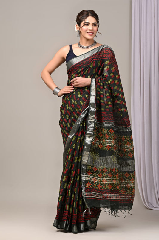 Pure Cotton Linen Handblock Printed Saree With Blouse