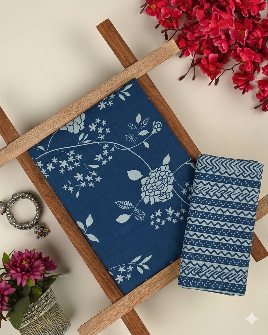 Pure Soft Cotton Handblock Printed 2PC Top-Bottom Suit Set (2.50 Meter Each)