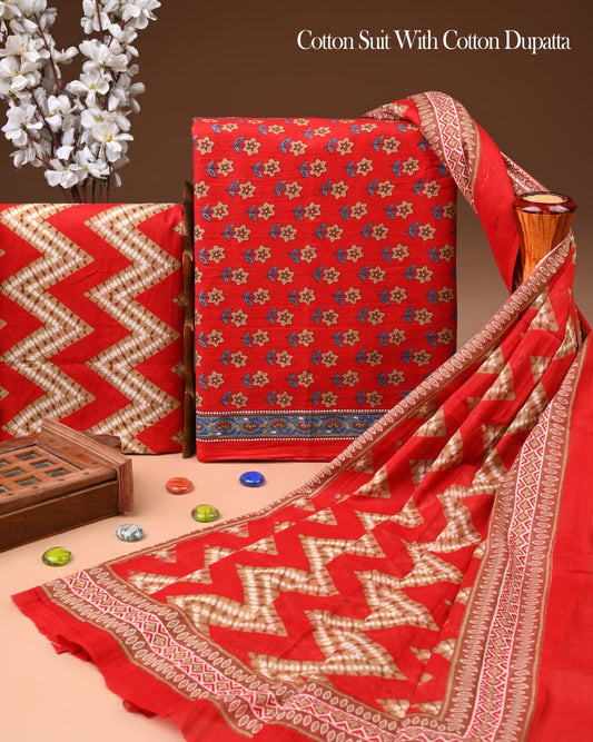 Pure Soft Cotton Hand Block Printed Suit Set With Cotton Dupatta