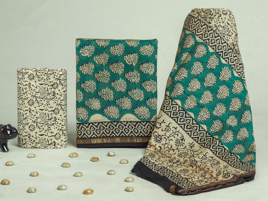 Designer Handblock Printed Chanderi Silk Suit Set