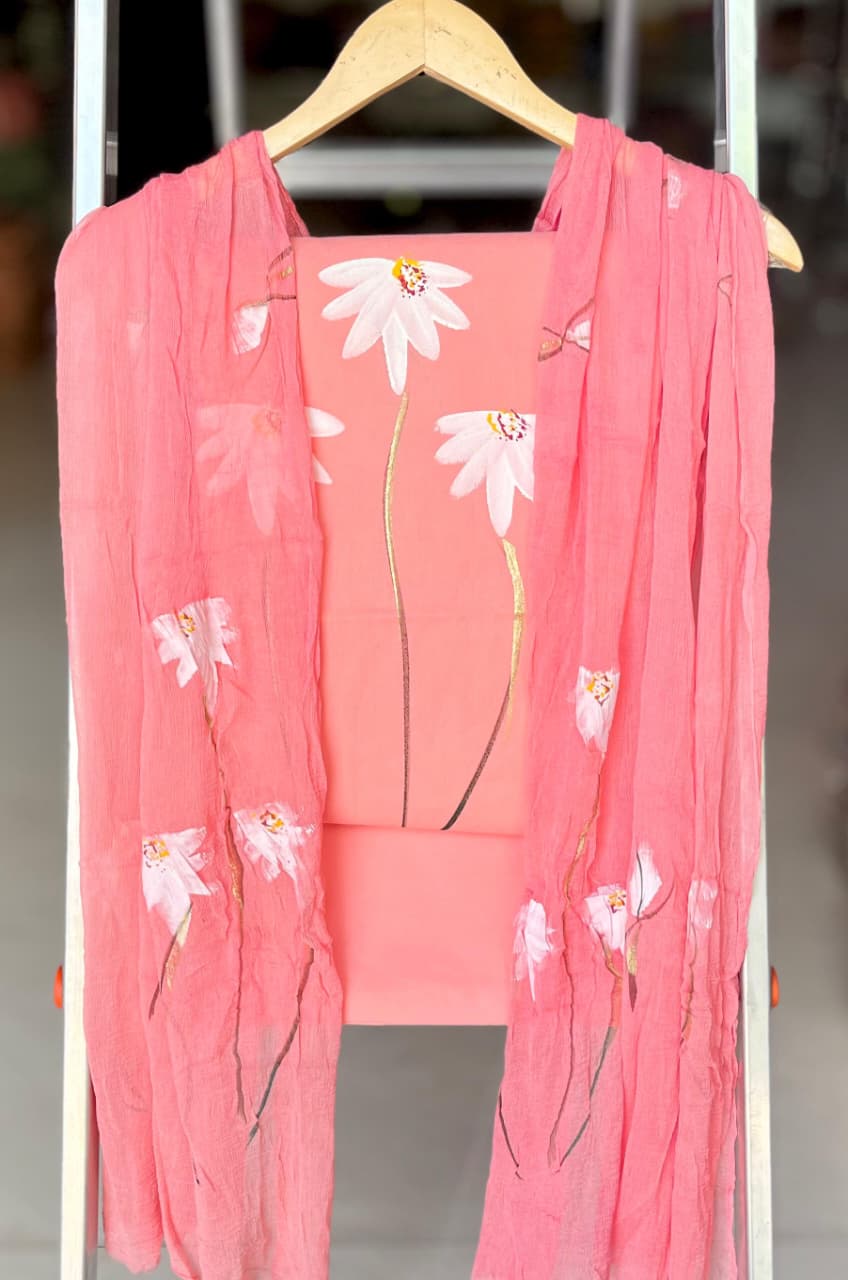Pure Cotton Hand Block Printed Suit Set With Chiffon Dupatta