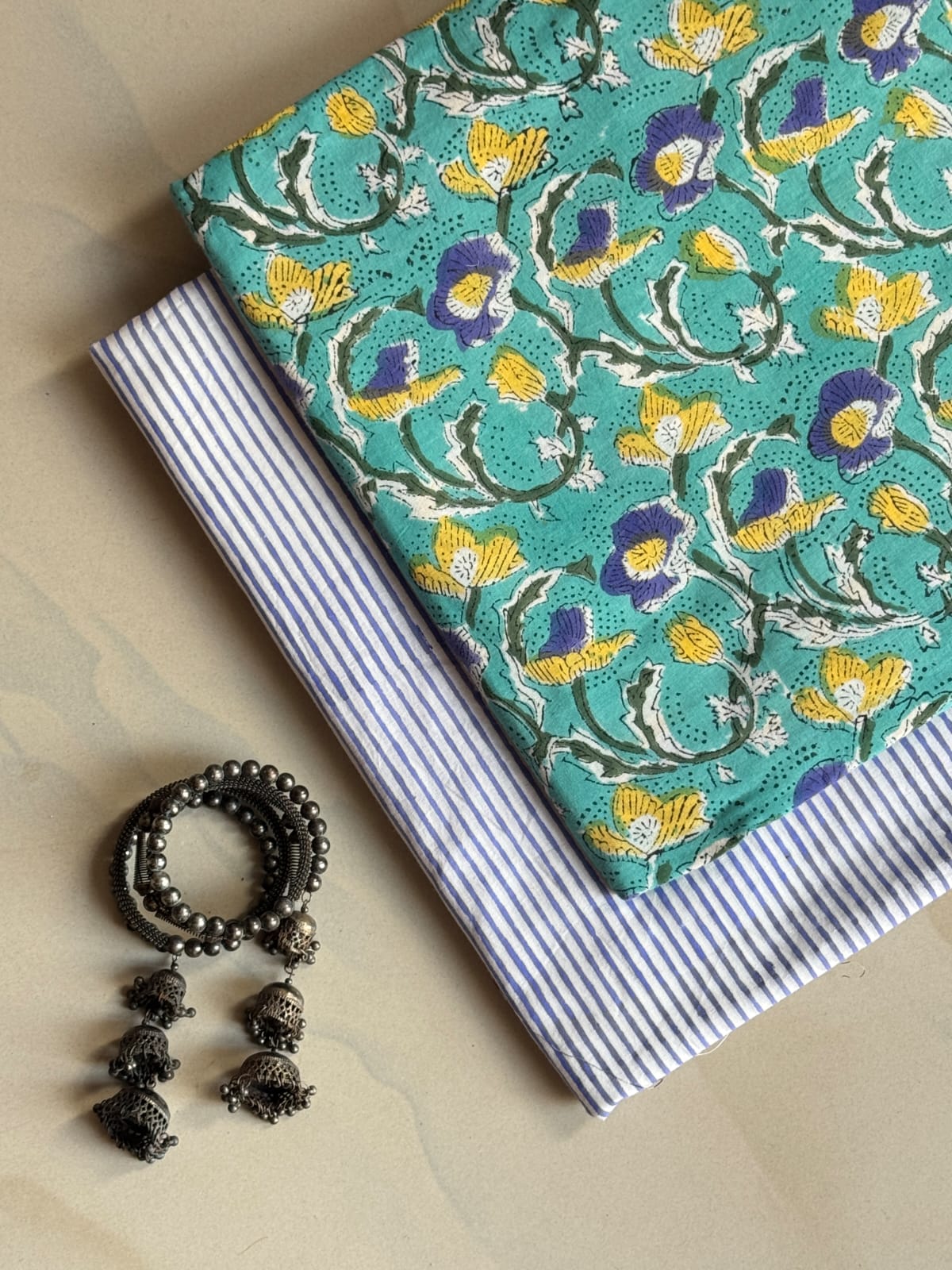 Pure Soft Cotton Handblock Printed 2PC Top-Bottom Suit Set (2.50 Meter Each)