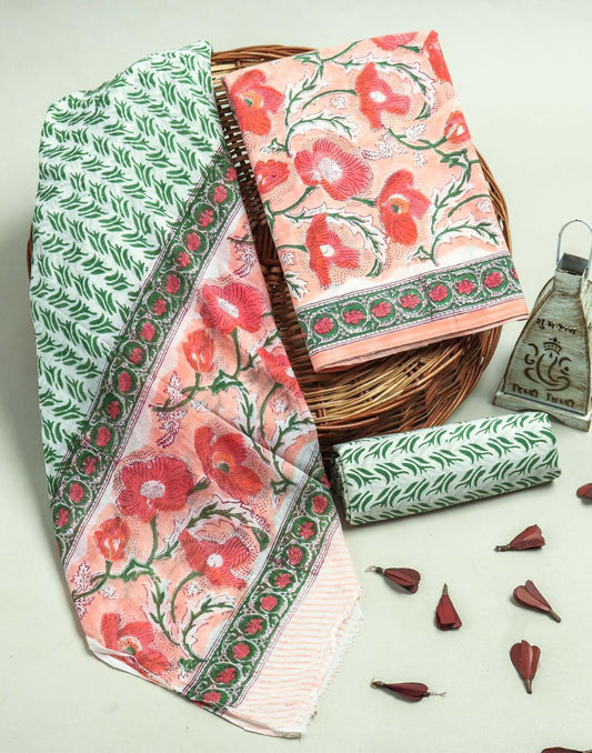 Designer Hand Block Printed Cotton Suit Set With Cotton Dupatta