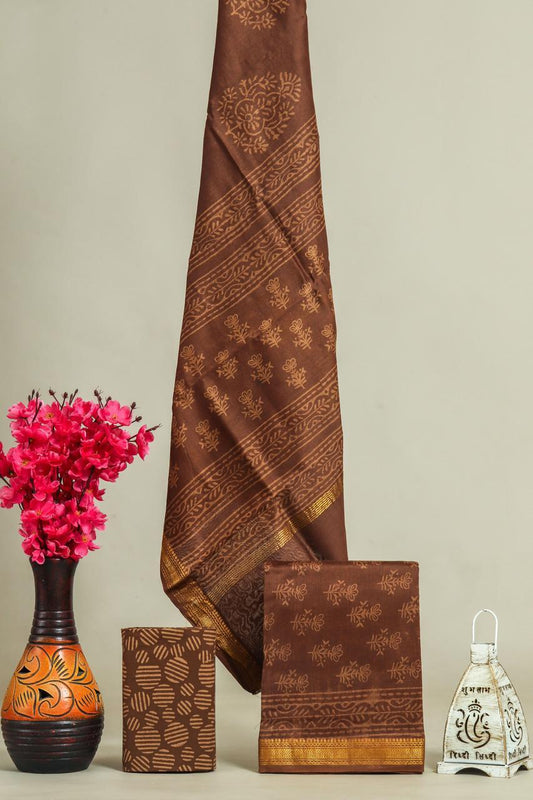 Designer Handblock Printed Maheshwari Silk Suit Set