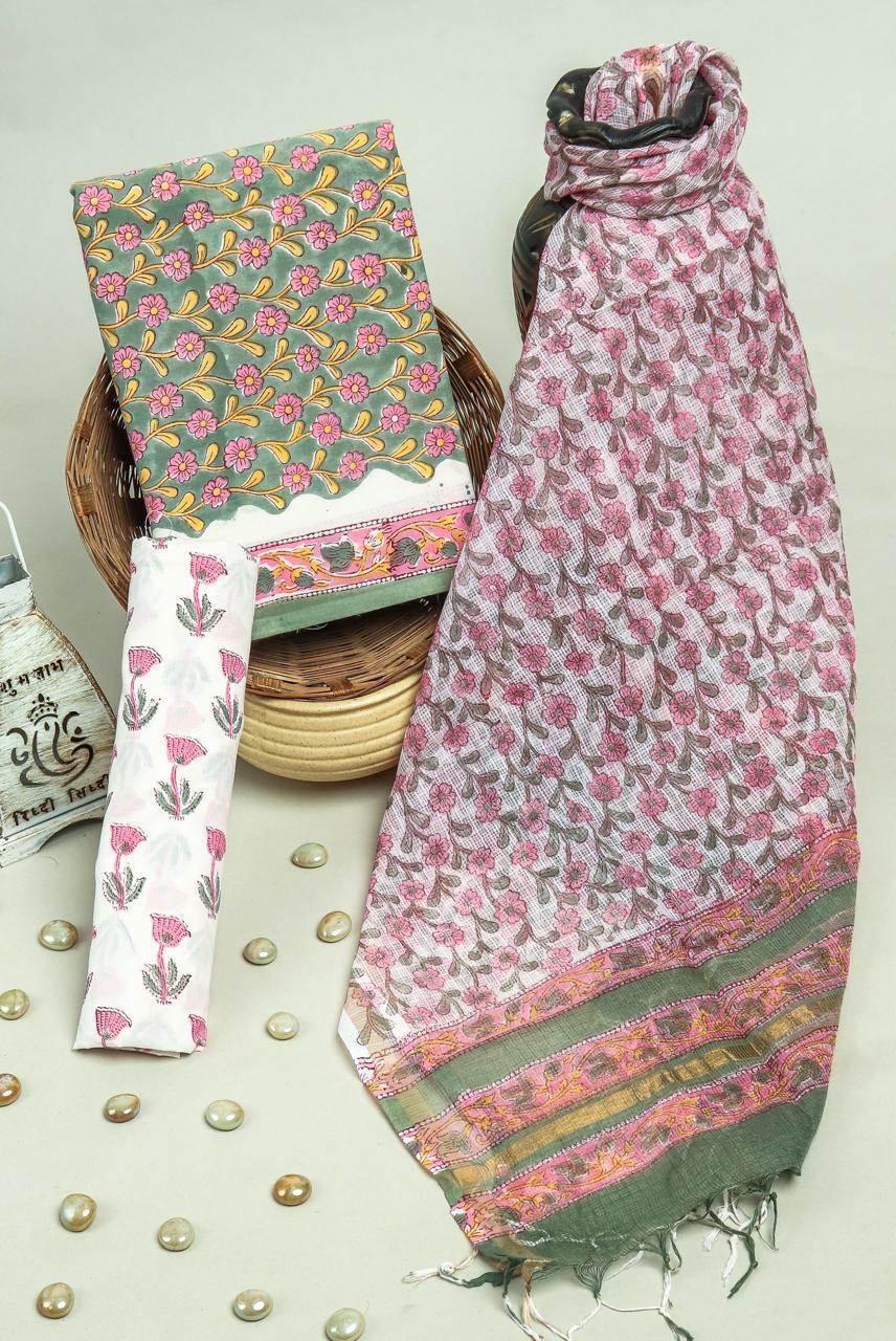 Pure Cotton Hand Block Printed Suit Set With Kota Doria Dupatta