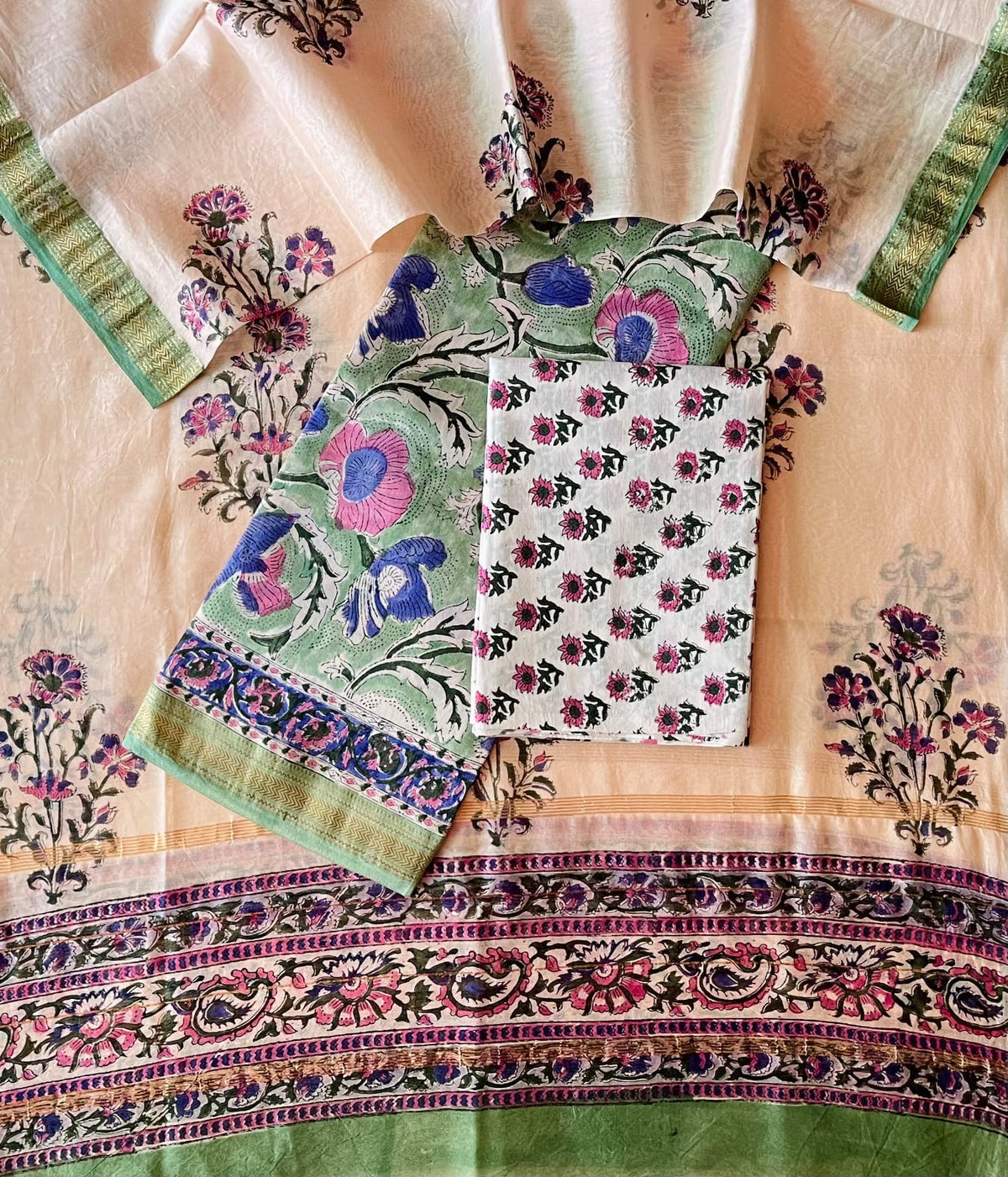Premium Designer Handblock Printed Maheshwari Silk Suit Set