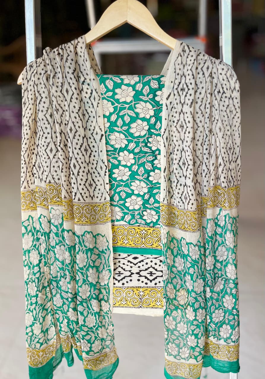 Pure Cotton Hand Block Printed Suit Set With Chiffon Dupatta
