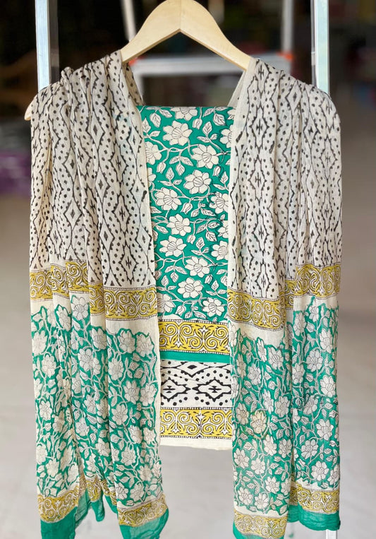 Pure Cotton Hand Block Printed Suit Set With Chiffon Dupatta