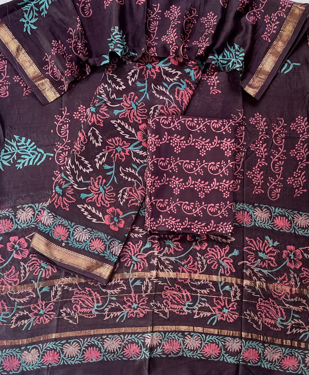Premium Designer Handblock Printed Maheshwari Silk Suit Set