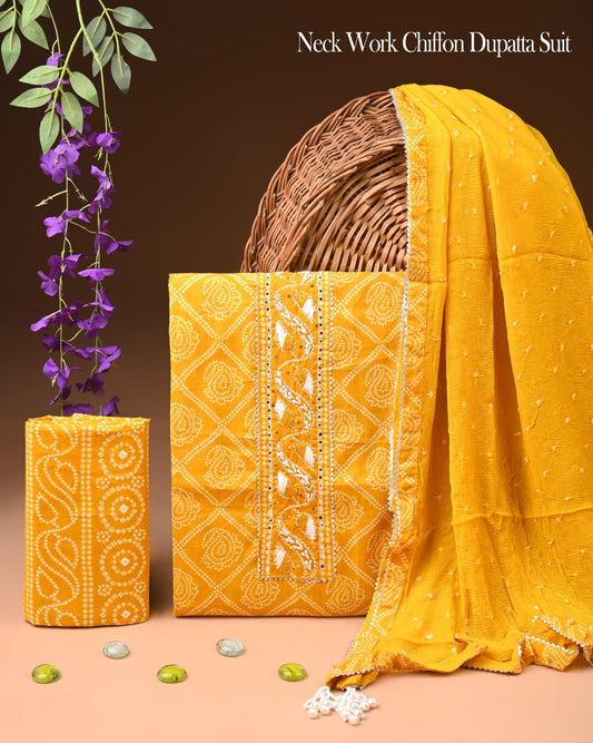 Premium Gota Patti Work Cotton Suit Set With Chiffon Dupatta
