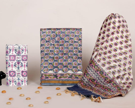 Designer Handblock Printed Chanderi Silk Suit Set