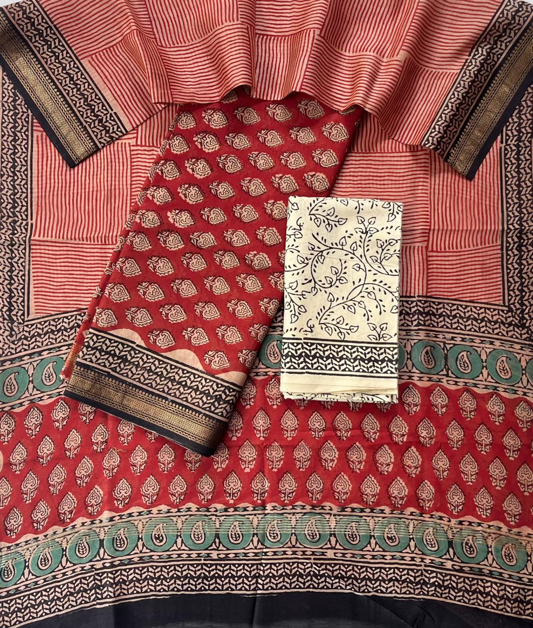 Premium Designer Handblock Printed Maheshwari Silk Suit Set