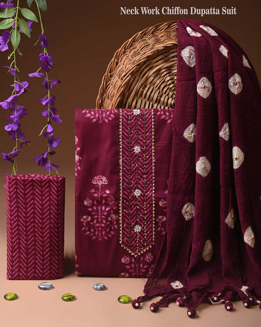 Premium Gota Patti Work Cotton Suit Set With Chiffon Dupatta