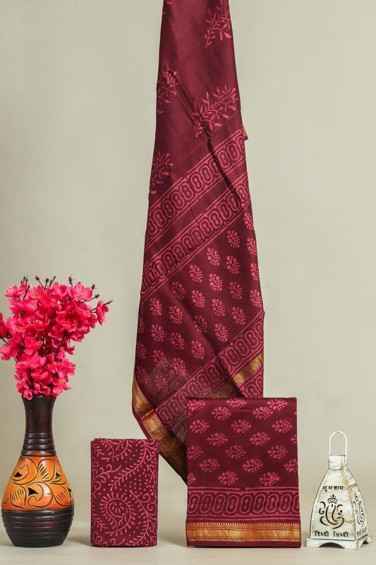 Designer Handblock Printed Maheshwari Silk Suit Set