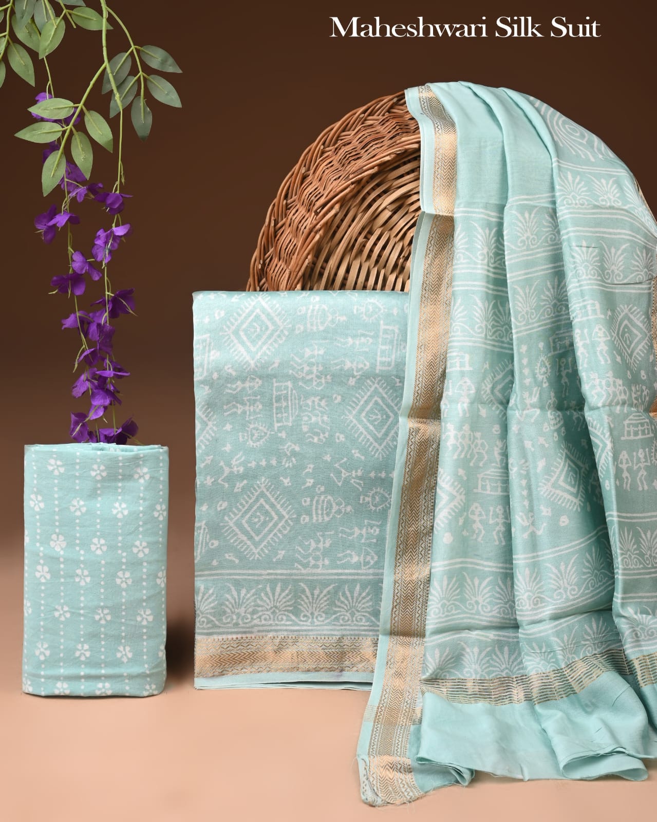 Premium Designer Handblock Printed Maheshwari Silk Suit Set
