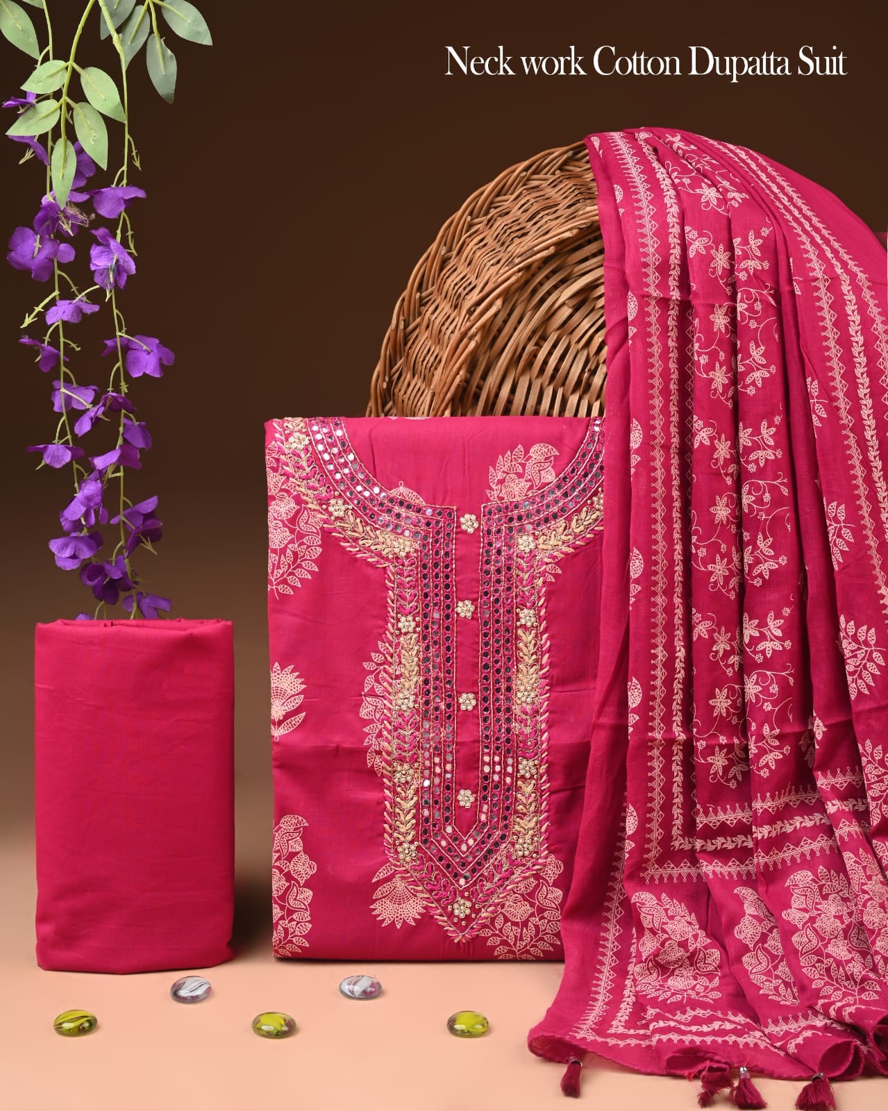 Premium Gota Patti Work Cotton Suit Set With Chiffon Dupatta