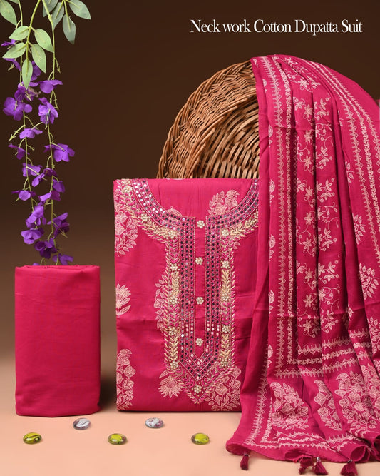Premium Gota Patti Work Cotton Suit Set With Chiffon Dupatta