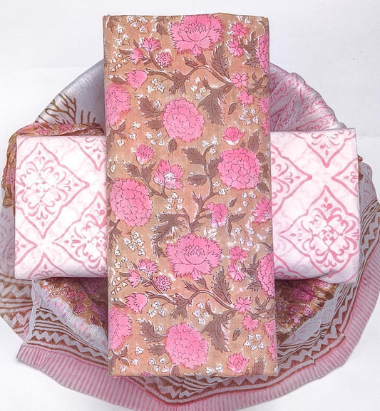 Pure Cotton Hand Block Printed Suit Set With Chiffon Dupatta