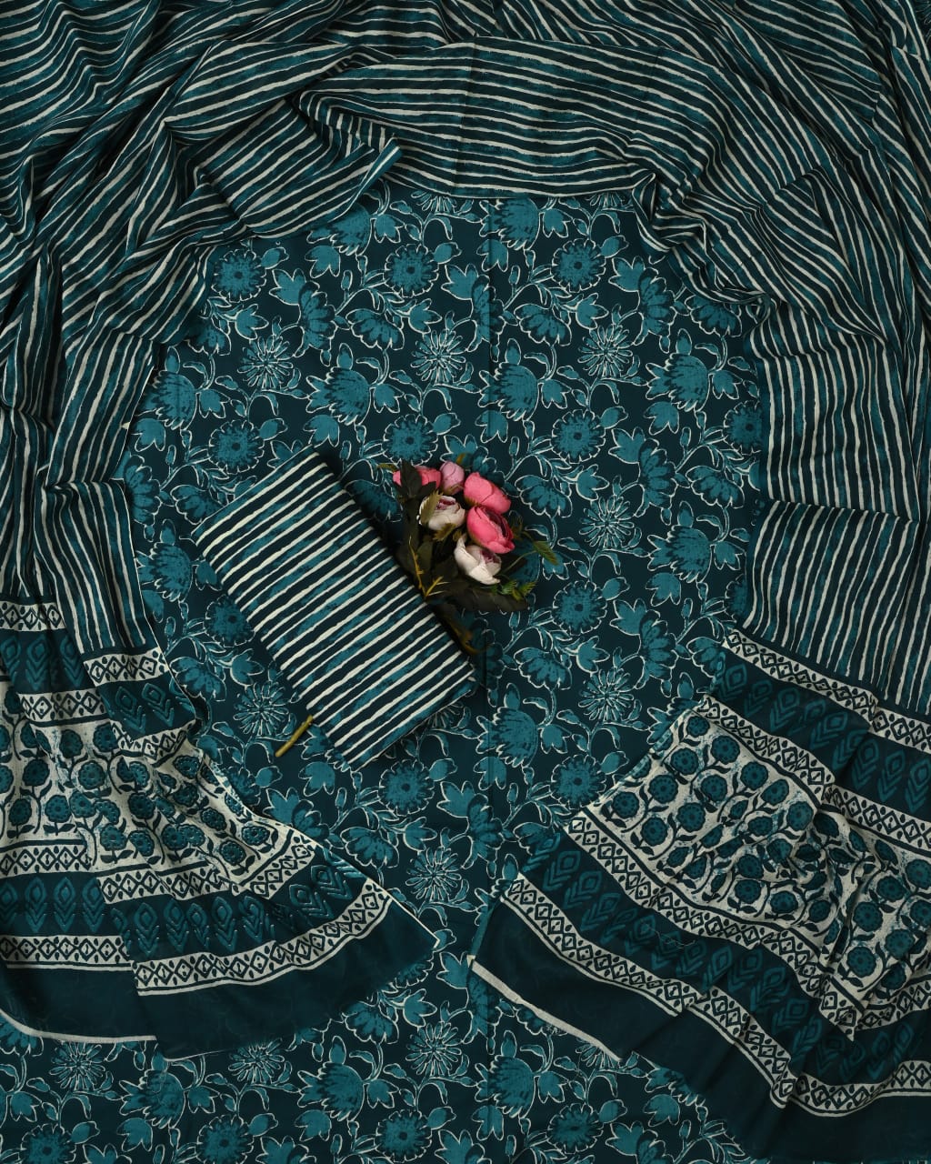 Designer Hand Block Printed Cotton Suit Set With Cotton Dupatta