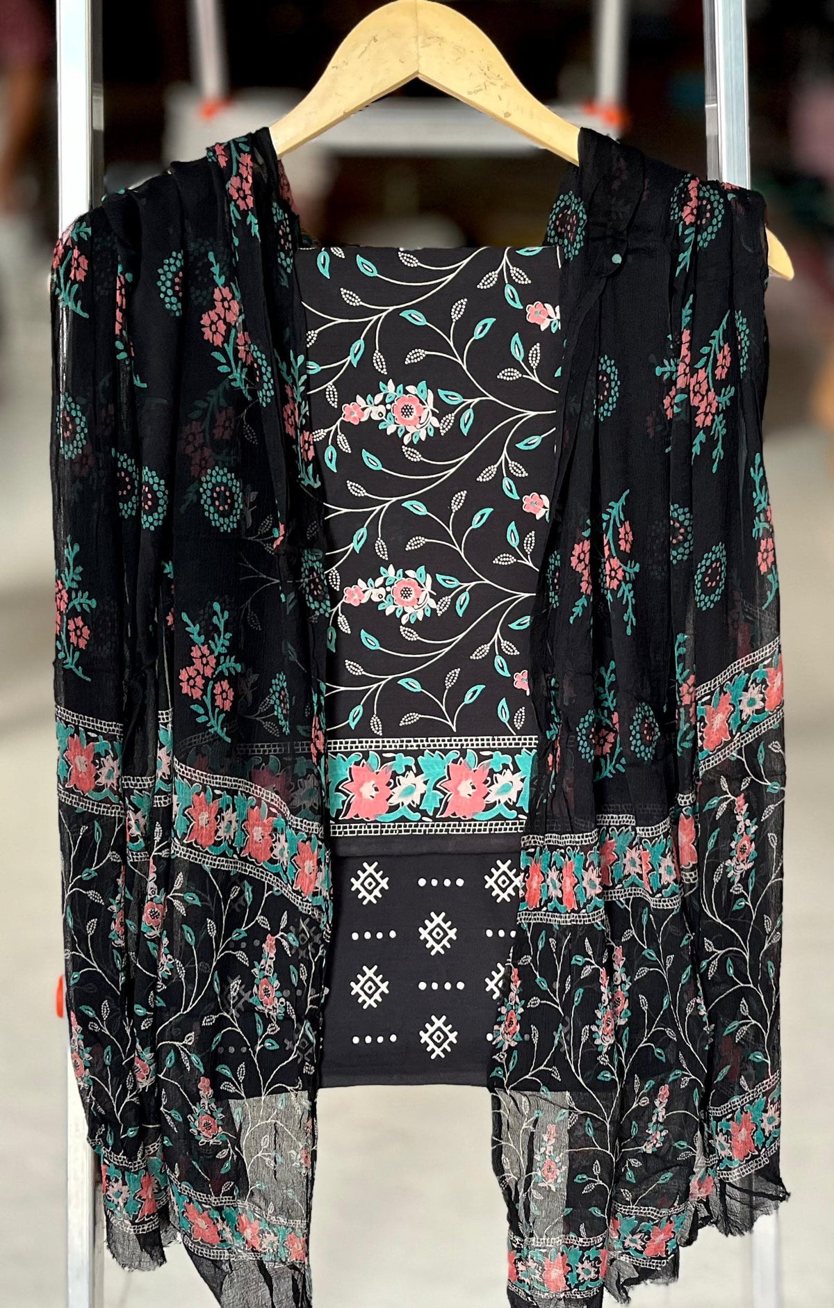 Pure Cotton Hand Block Printed Suit Set With Chiffon Dupatta
