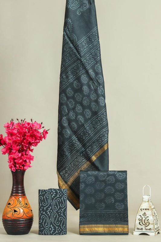 Designer Handblock Printed Maheshwari Silk Suit Set