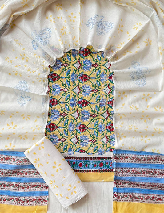 Pure Soft Cotton Hand Block Printed Suit Set With Cotton Dupatta