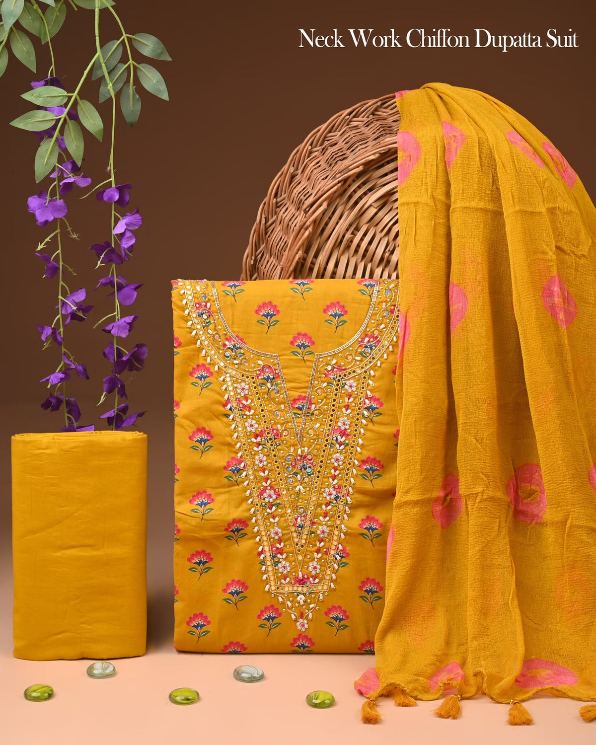 Premium Gota Patti Work Cotton Suit Set With Chiffon Dupatta