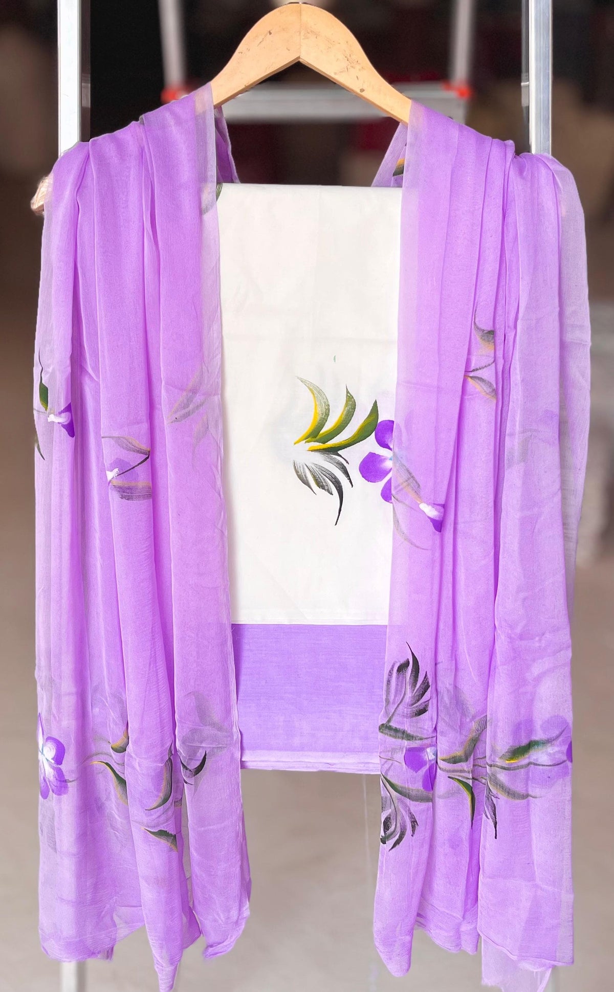 Pure Cotton Hand Block Printed Suit Set With Chiffon Dupatta