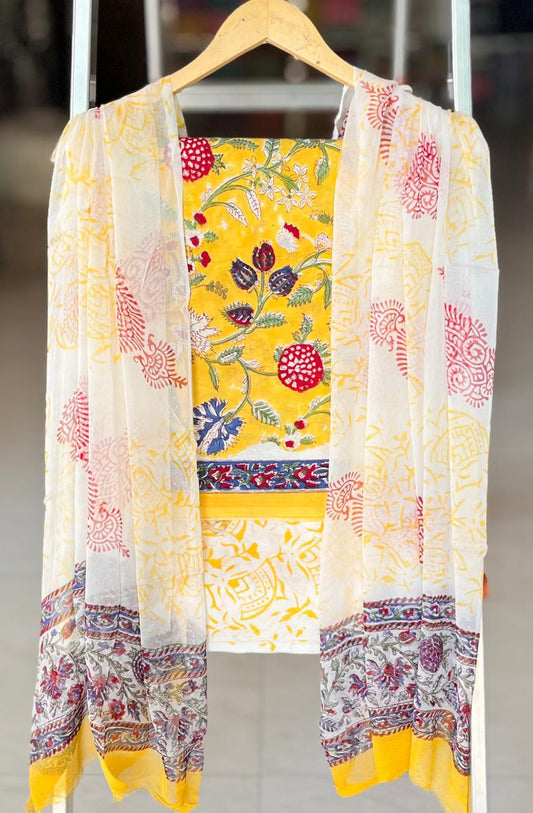 Pure Cotton Hand Block Printed Suit Set With Chiffon Dupatta