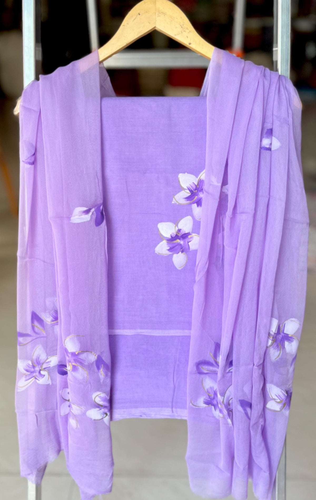 Pure Cotton Hand Block Printed Suit Set With Chiffon Dupatta