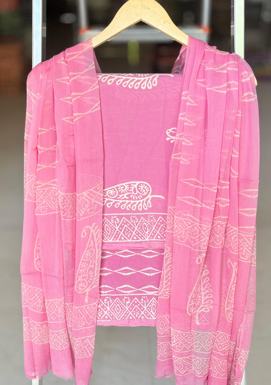 Pure Soft Cotton Hand Block Printed Suit Set With Chiffon Dupatta