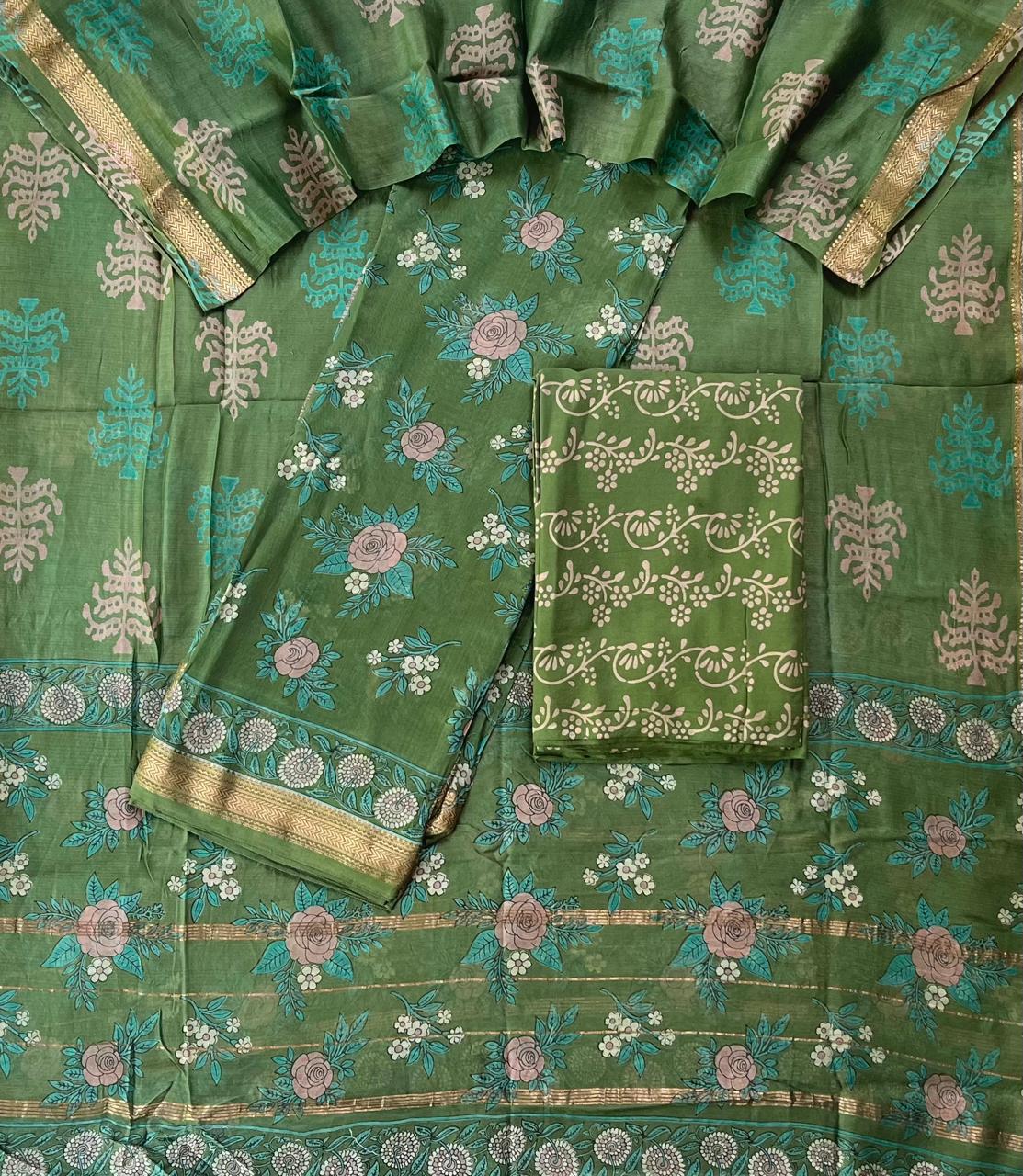 Premium Designer Handblock Printed Maheshwari Silk Suit Set