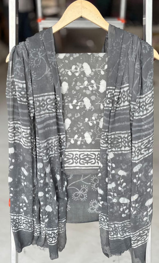 Pure Cotton Hand Block Printed Suit Set With Chiffon Dupatta
