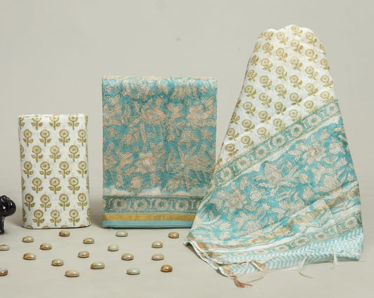 Designer Handblock Printed Chanderi Silk Suit Set